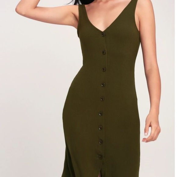 *NEW* OLIVE GREEN RIBBED BUTTON-FRONT MIDI DRESS - Picture 1 of 7